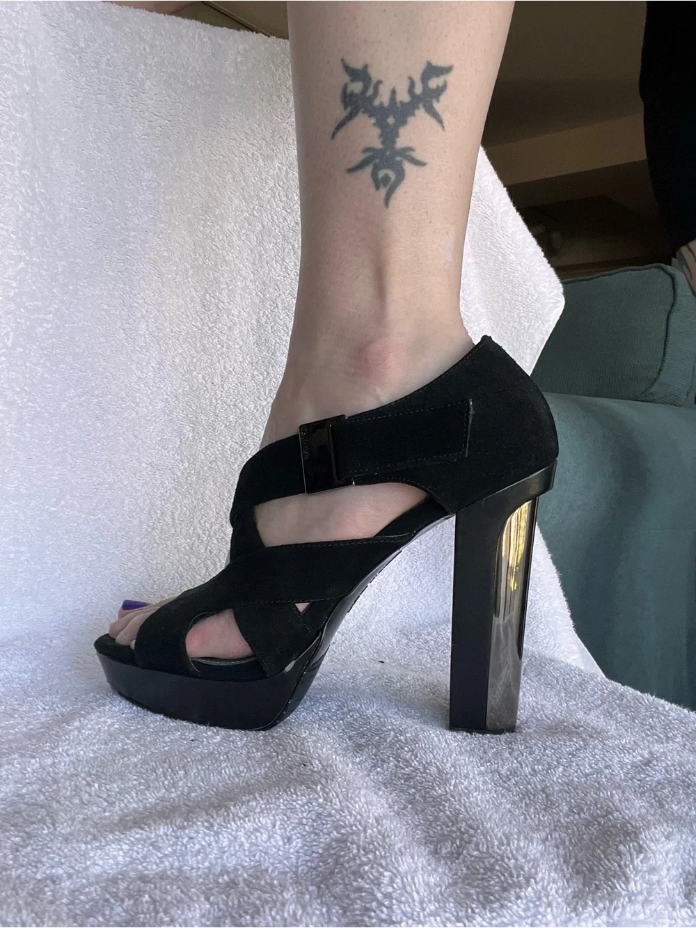 Calvin Klein Nichelle black suede platform sandals metallic silver